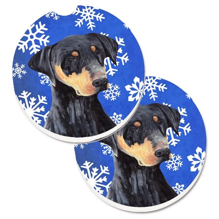 Carolines Treasures Doberman Winter Snowflakes Holiday Set of 2 Cup Holder Car Coaster SC9377CARC